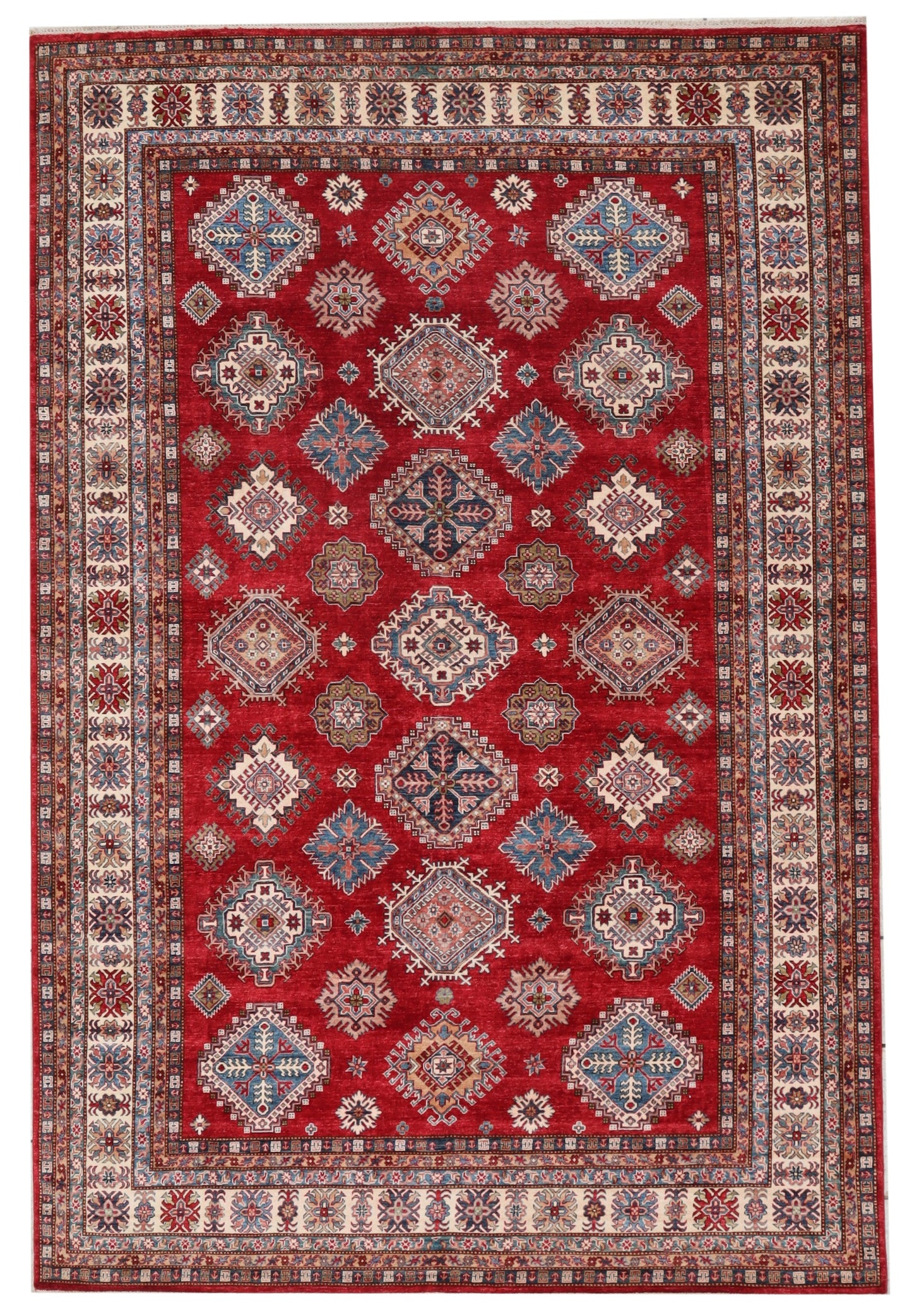 10x14 Ft Kazak Oriental Large Area Rug, Red Afghan Hand Knotted Wool Rectangle Carpet, Rugs For Living Room, Bedroom Rug, Dining Table Rug