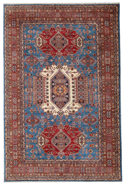 10x14 Ft Blue Kazak Oriental Large Area Rug, Afghan Hand Knotted Wool Rectangle Carpet, Rugs For Living Room, Bedroom Rug, Dining Table Rug