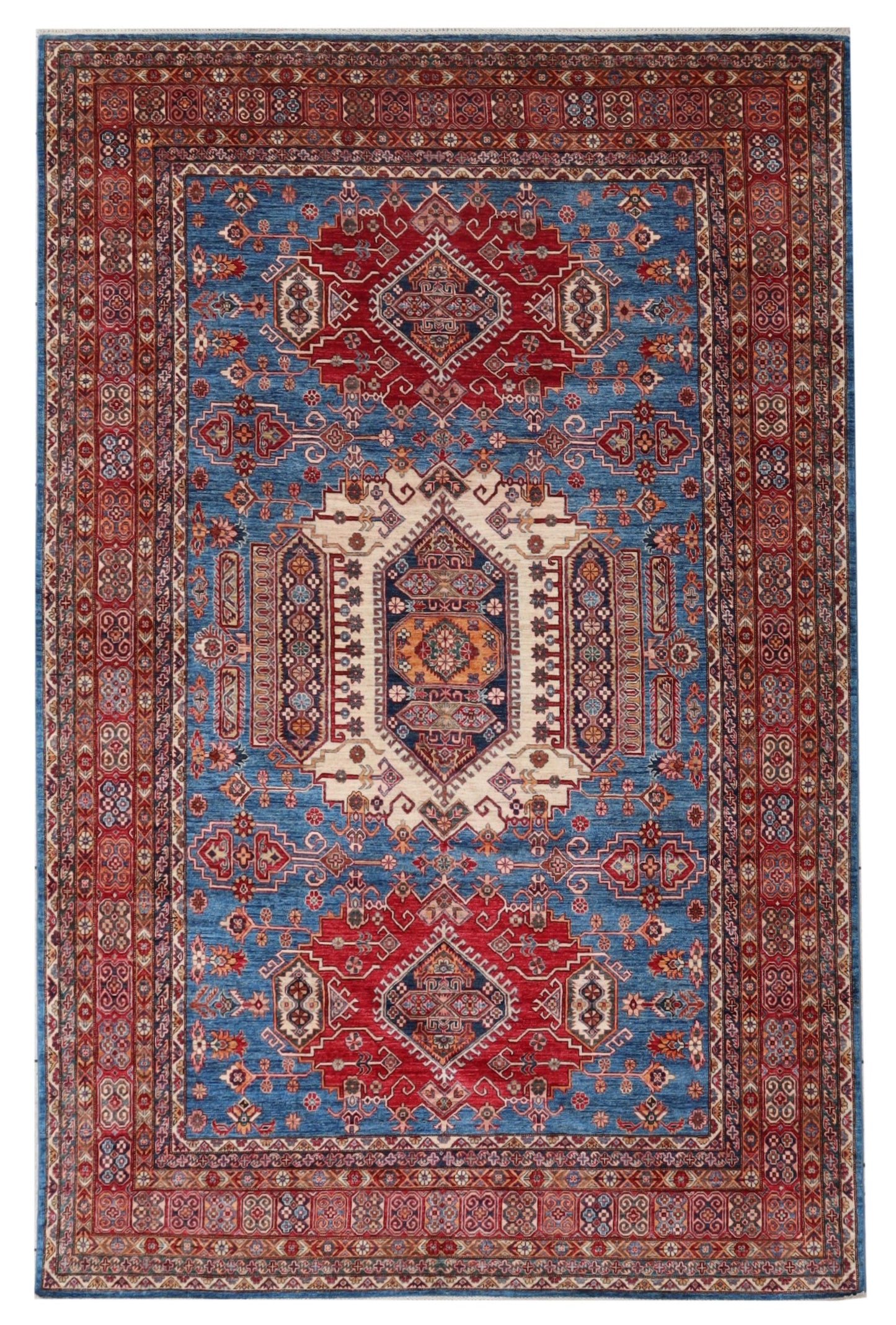 10x14 Ft Oriental Kazak Large Area Rug, Blue Afghan Hand Knotted Wool Rectangle Carpet, Rugs For Living Room, Bedroom Rug, Dining Table Rug