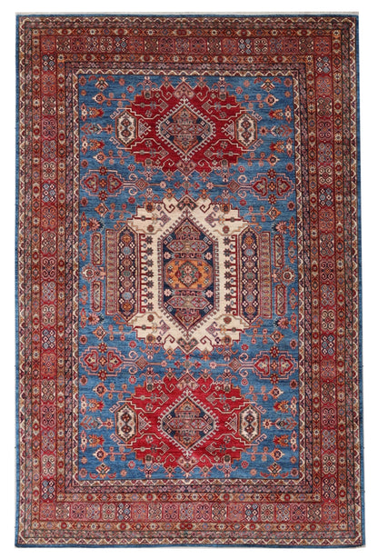 10x14 Ft Oriental Kazak Large Area Rug, Blue Afghan Hand Knotted Wool Rectangle Carpet, Rugs For Living Room, Bedroom Rug, Dining Table Rug