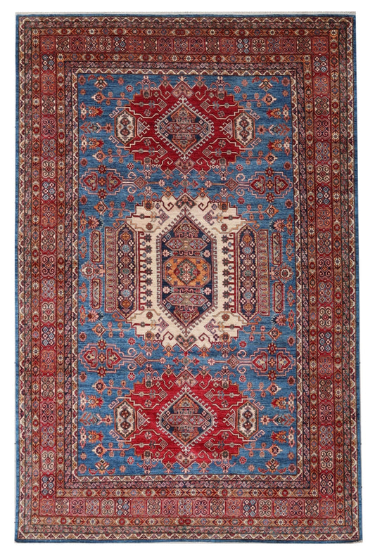 10x14 Ft Oriental Kazak Large Area Rug, Blue Afghan Hand Knotted Wool Rectangle Carpet, Rugs For Living Room, Bedroom Rug, Dining Table Rug