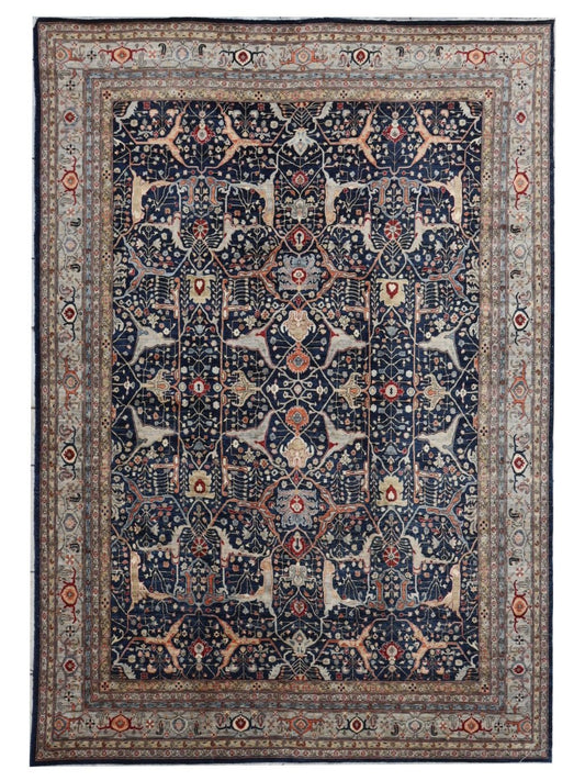 12x15 Ft Arabesque Bidjar Large Area Rug, Blue Persian Hand Knotted Wool Traditional Rectangle Carpet, Rug For Living Room, Dining Table Rug