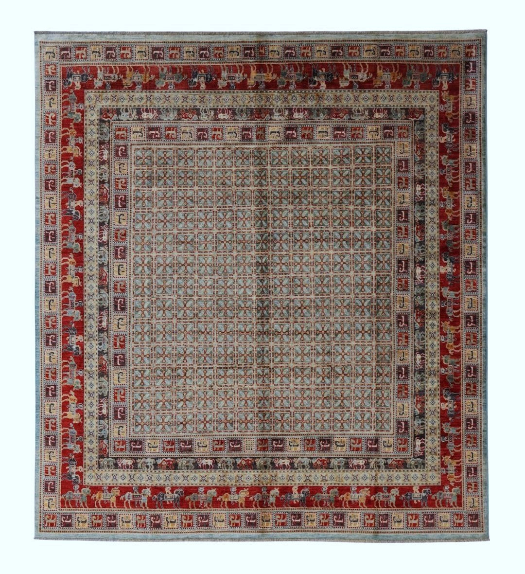 9x9 Ft Pazyryk Square Area Rug, Afghan Hand Knotted Wool Traditional Carpet, Rugs For Living Room, Bedroom Rug, Dining Table Rug, Animal Rug