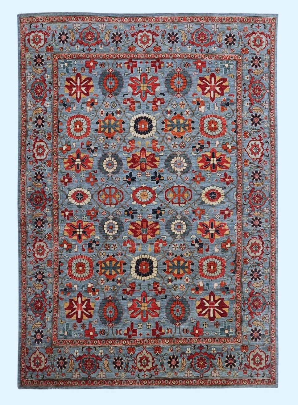 9x12 Ft Oriental Area Rug, Blue Afghan Hand Knotted Wool Traditional Carpet, Rugs For Living Room, Bedroom Rug, Dining Table Rug, Floral Rug