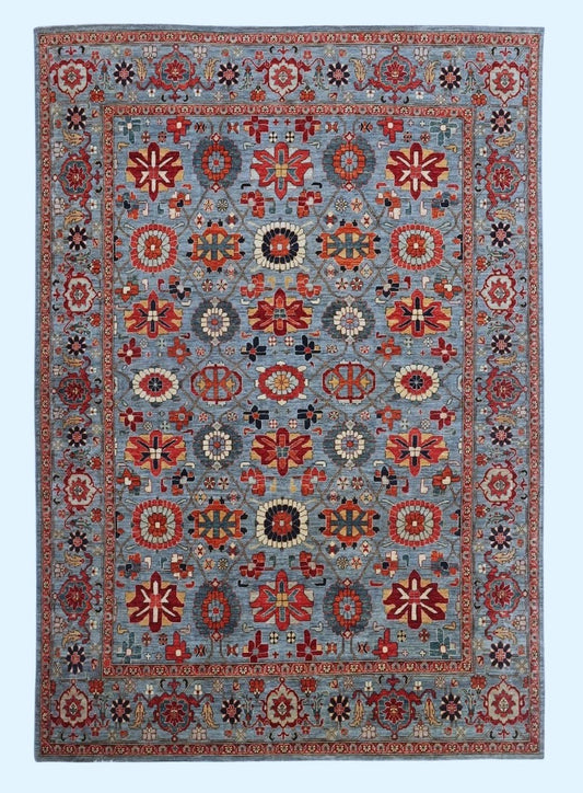 9x12 Ft Oriental Area Rug, Blue Afghan Hand Knotted Wool Traditional Carpet, Rugs For Living Room, Bedroom Rug, Dining Table Rug, Floral Rug