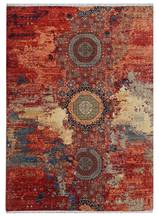 9x12 Ft Modern Mamluk Large Area Rug, Red Turkish Hand Knotted Wool Transitional Carpet, Rugs For Living Room, Bedroom Rug, Dining Table Rug