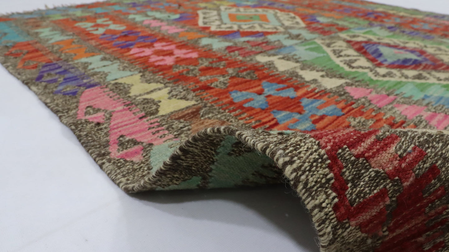 4x5 Ft Red Turkish Kilim Hand Knotted Aztec Area Rug