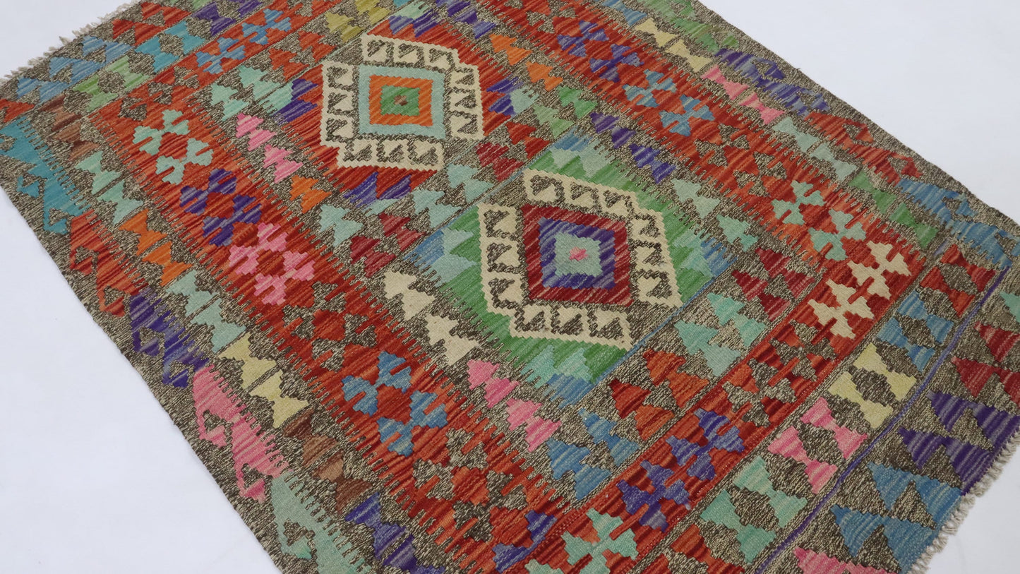 4x5 Ft Red Turkish Kilim Hand Knotted Aztec Area Rug