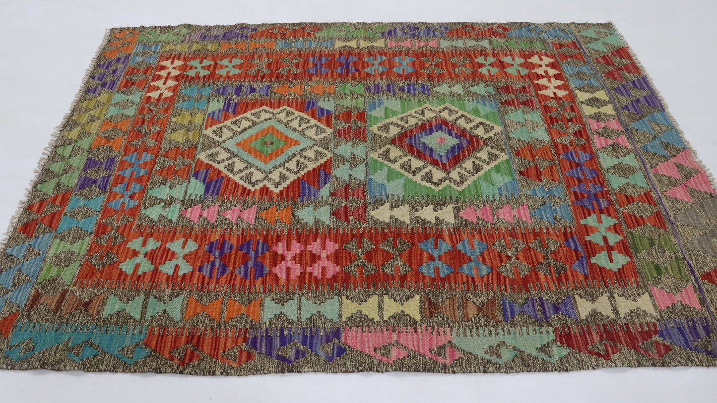 4x5 Ft Red Turkish Kilim Hand Knotted Aztec Area Rug