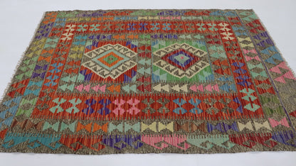 4x5 Ft Red Turkish Kilim Hand Knotted Aztec Area Rug