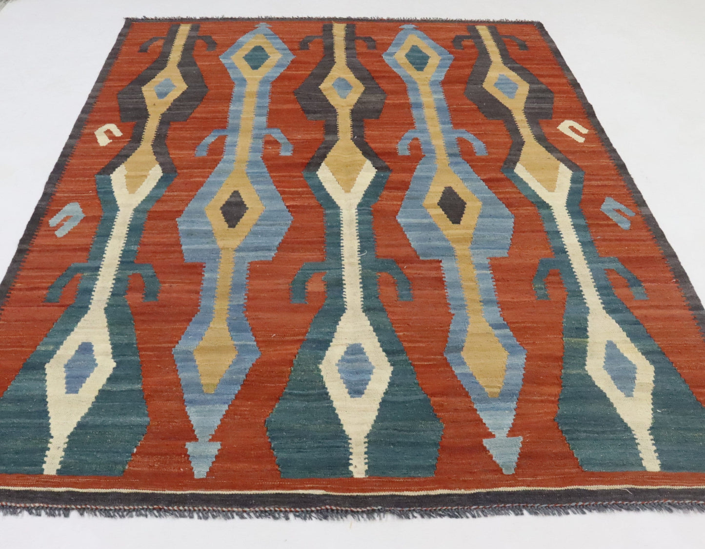 6x8 Ft Red Turkish Kilim Hand Knotted Aztec Area Rug