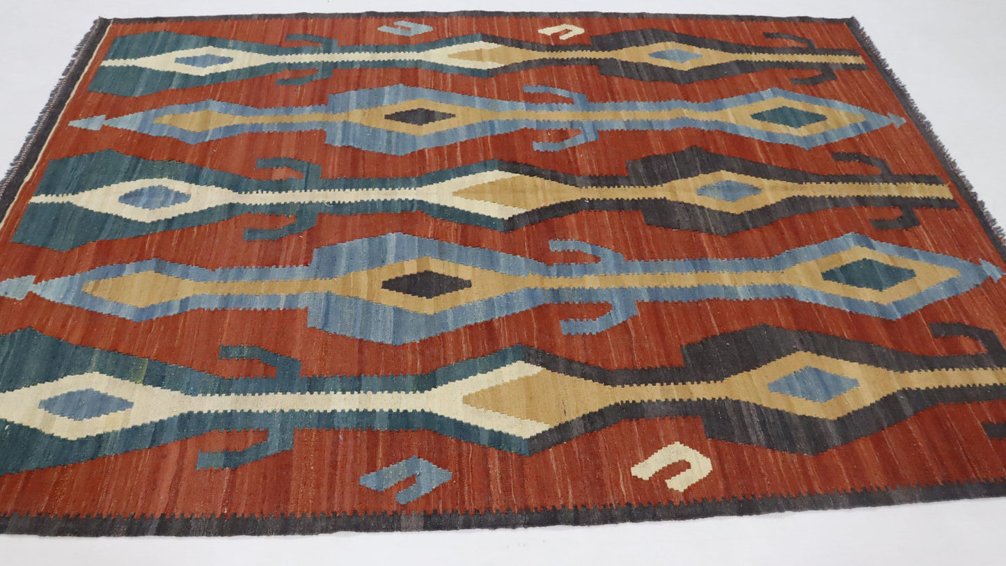 6x8 Ft Red Turkish Kilim Hand Knotted Aztec Area Rug