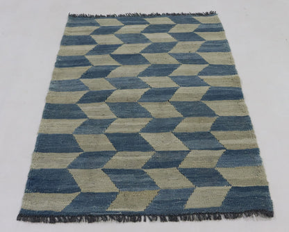 2x3 Ft Blue/White Turkish Kilim Hand Knotted Aztec Area Rug