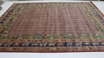 9x12 Ft Red/Blue Pazyryk Afghan Hand Knotted Rug