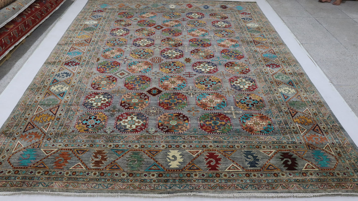 9x12 Ft Gray Ersari Afghan Hand Knotted Rug