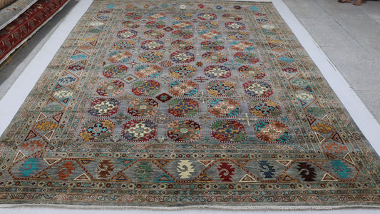 9x12 Ft Gray Ersari Afghan Hand Knotted Rug