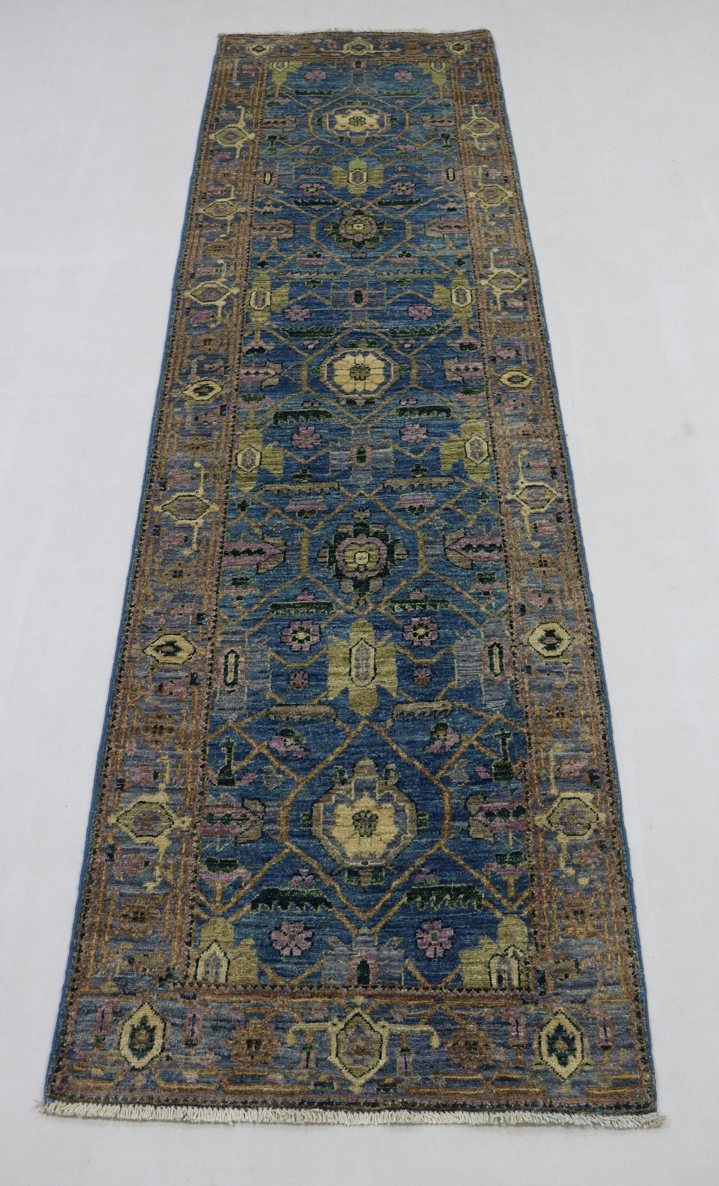 9 Ft Oriental Blue Afghan Hand Knotted Wool Runner Rug