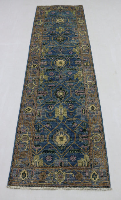 9 Ft Oriental Blue Afghan Hand Knotted Wool Runner Rug