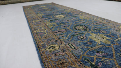 9 Ft Oriental Blue Afghan Hand Knotted Wool Runner Rug