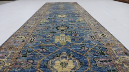 9 Ft Oriental Blue Afghan Hand Knotted Wool Runner Rug