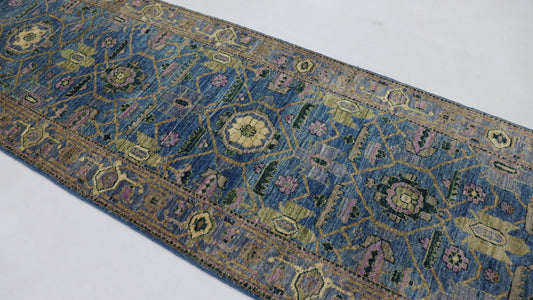 9 Ft Oriental Blue Afghan Hand Knotted Wool Runner Rug