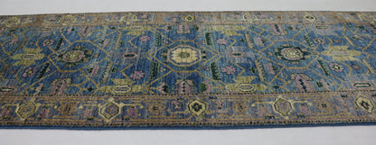 9 Ft Oriental Blue Afghan Hand Knotted Wool Runner Rug