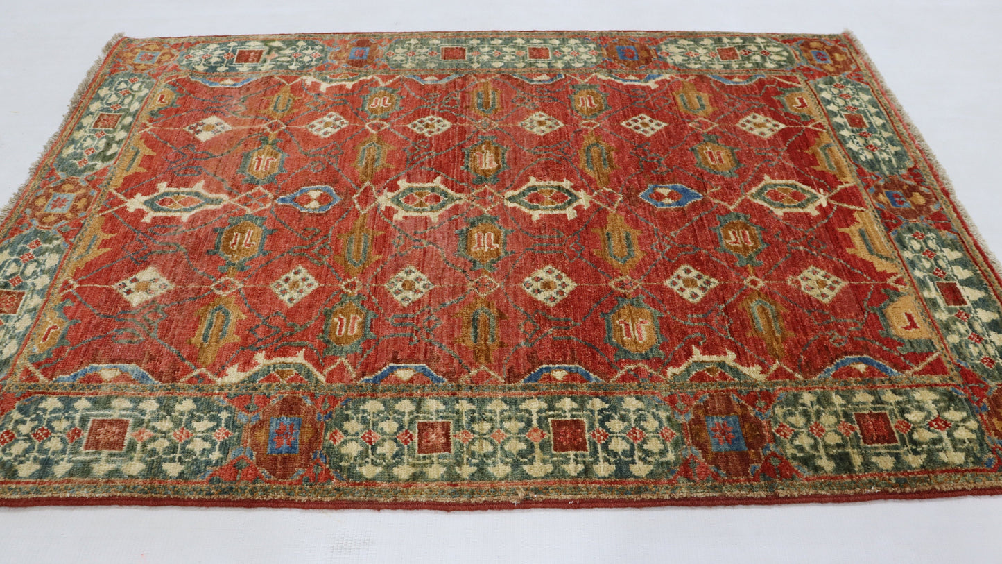 3x4 Ft Red Oriental Afghan Hand Knotted Area Rug