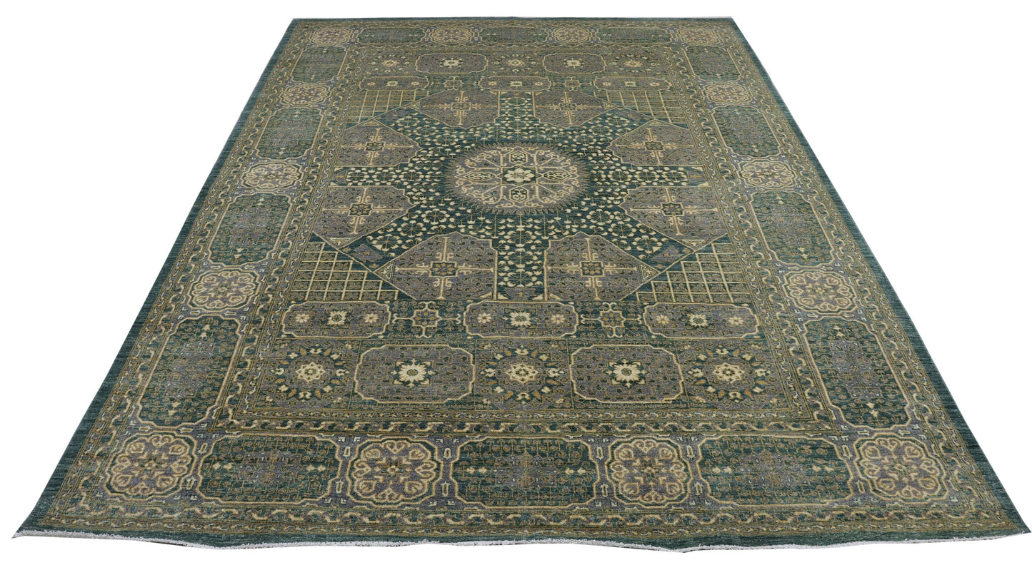 9x12 Ft Green Turkish Mamluk Hand Knotted Rug