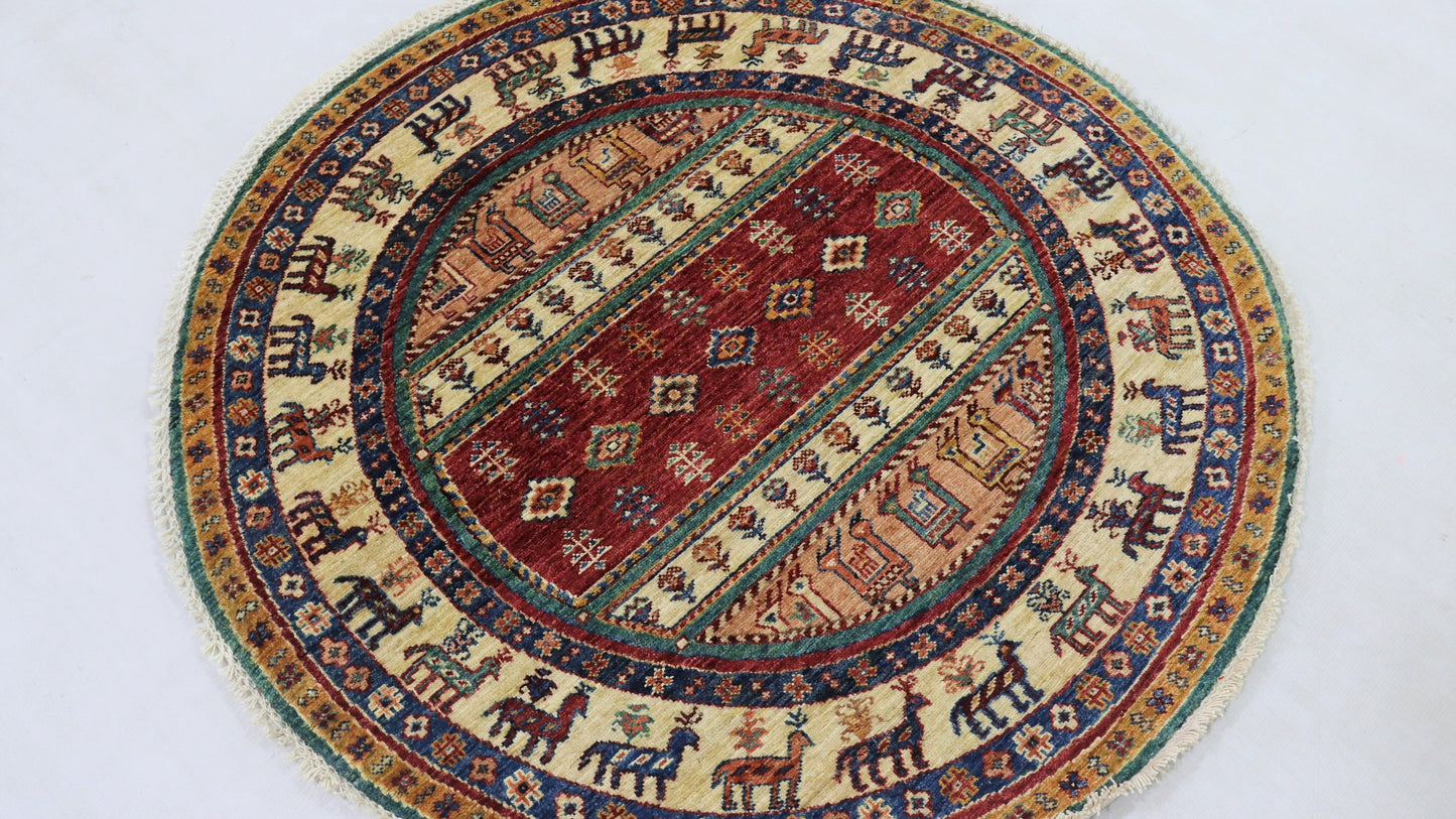 4x4 Ft Round Gabbeh Afghan Hand Knotted Tribal Area Rug