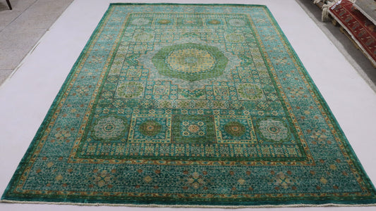 7x10 Ft Green Turkish Mamluk Hand Knotted Traditional Area Rug