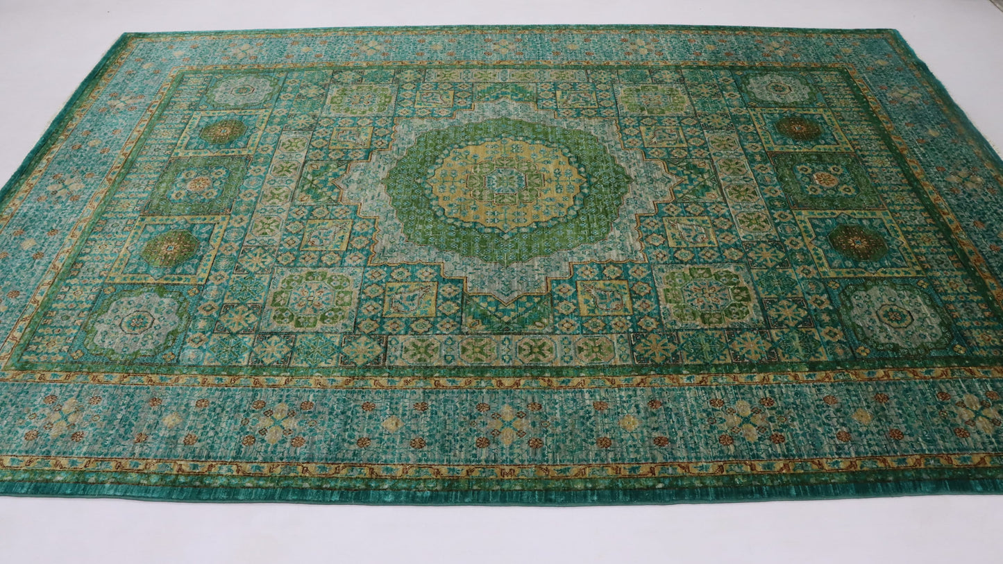 7x10 Ft Green Turkish Mamluk Hand Knotted Traditional Area Rug