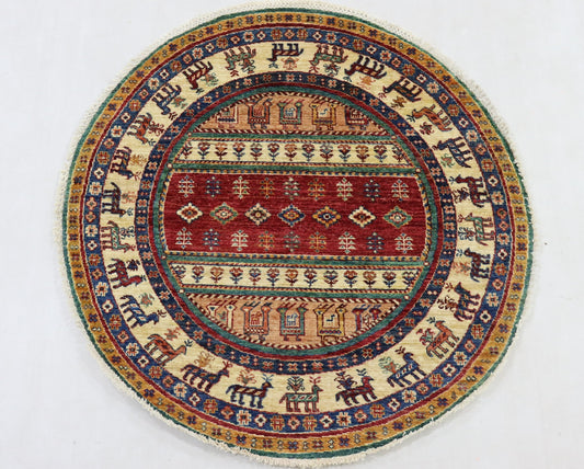 4x4 Ft Round Gabbeh Afghan Hand Knotted Tribal Area Rug