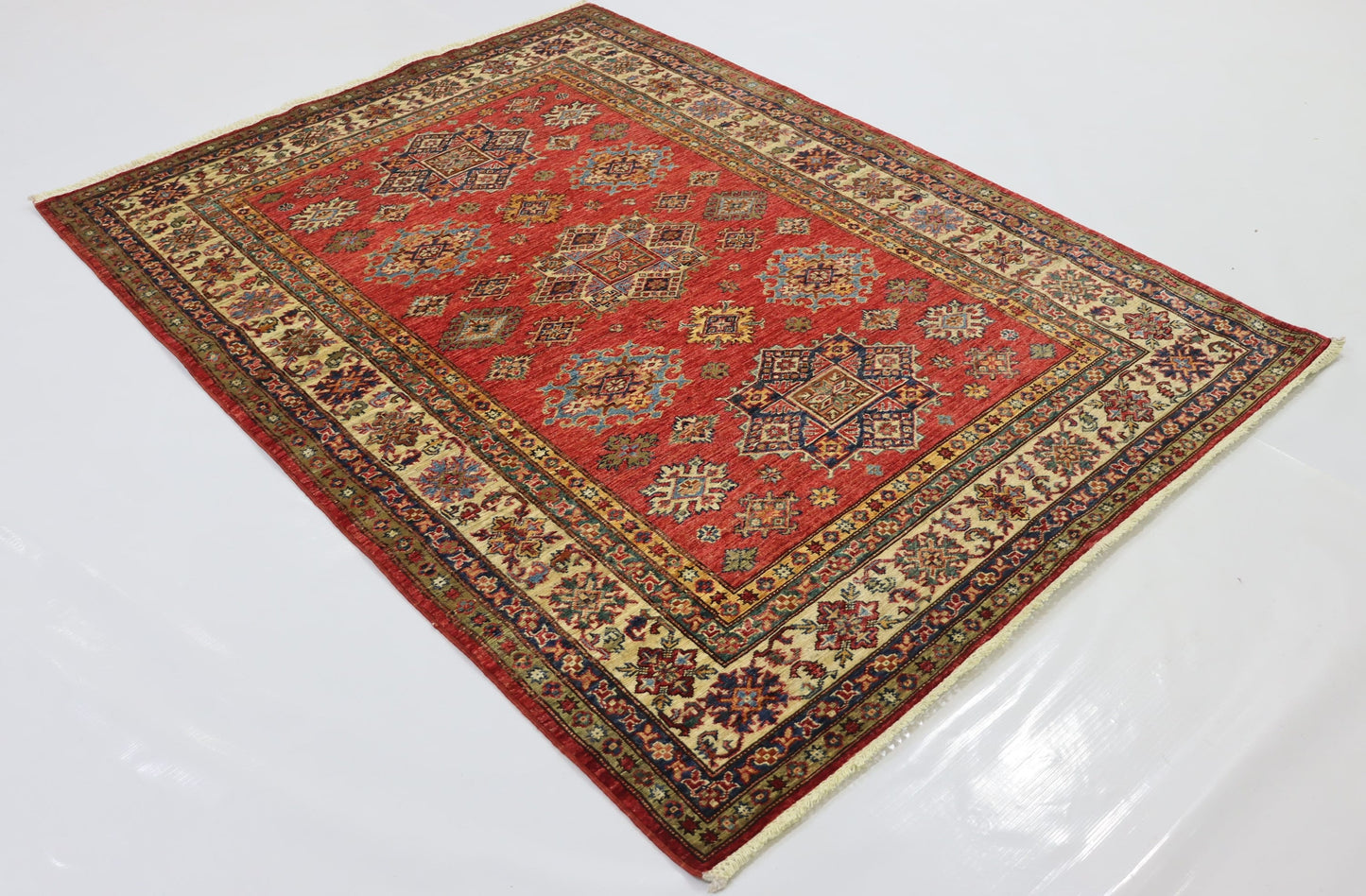 5x7 Ft Red Geometric Kazak Afghan Hand Knotted Oriental Area Rug