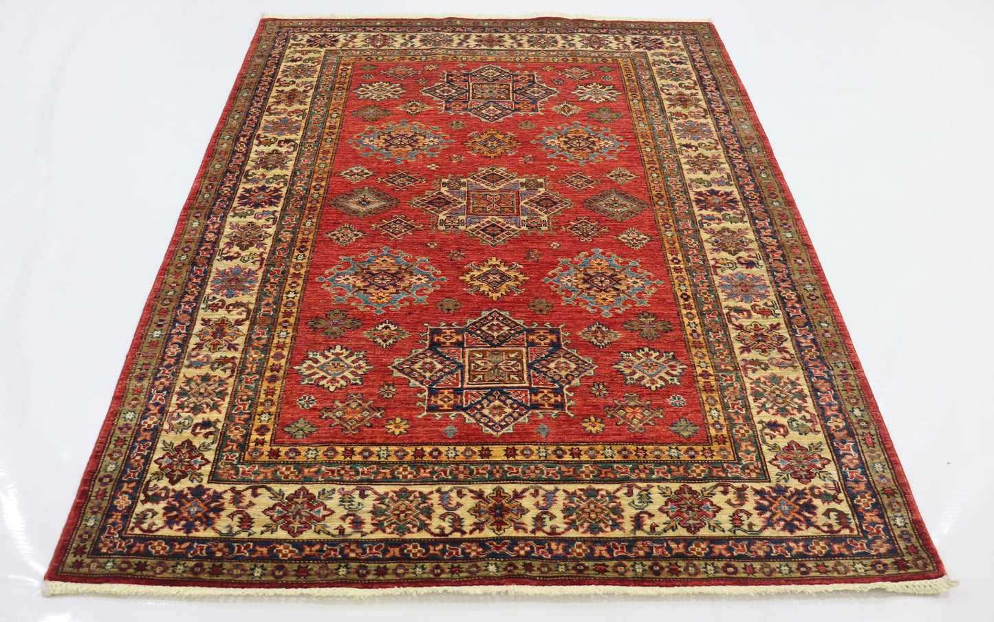 5x7 Ft Red Geometric Kazak Afghan Hand Knotted Oriental Area Rug