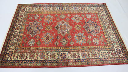 5x7 Ft Red Geometric Kazak Afghan Hand Knotted Oriental Area Rug