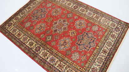 5x7 Ft Red Geometric Kazak Afghan Hand Knotted Oriental Area Rug