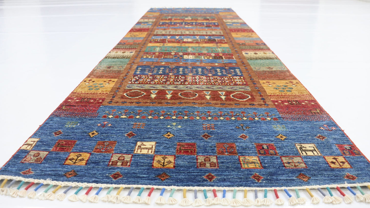 10 Ft Blue Gabbeh Afghan Hand Woven Traditional Runner Rug