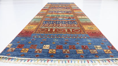 10 Ft Blue Gabbeh Afghan Hand Woven Traditional Runner Rug