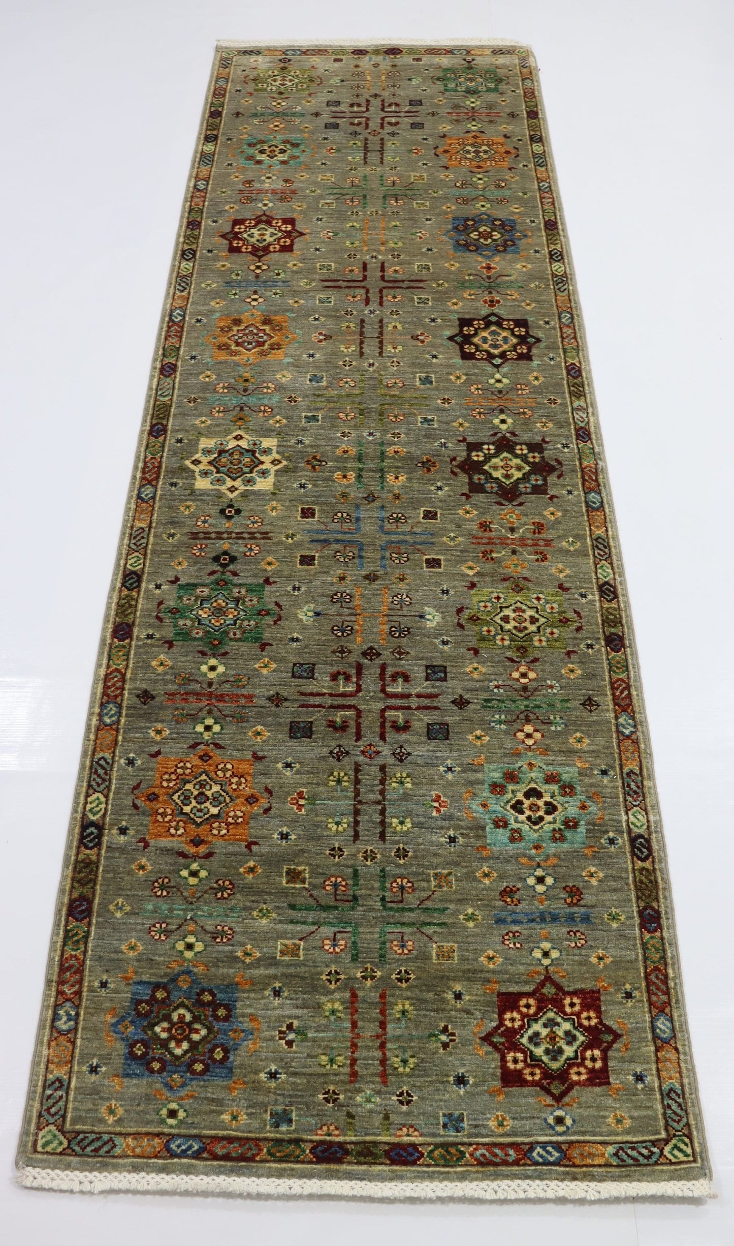 9 Ft Aryana Multicolor Afghan Hand Knotted Tribal Wool Runner Rug