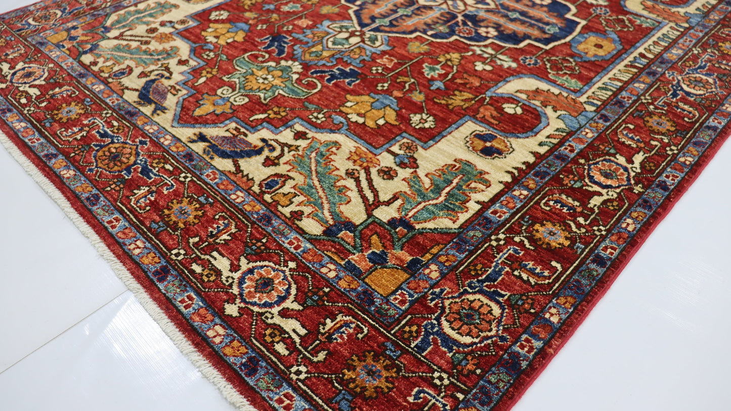 5x7 Ft Red Heriz Persian Hand Knotted Oriental Area Rug