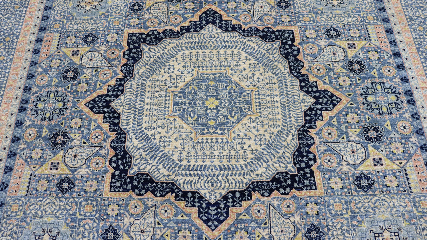 8x10 Ft Blue Turkish Mamluk Hand Knotted Traditional Area Rug