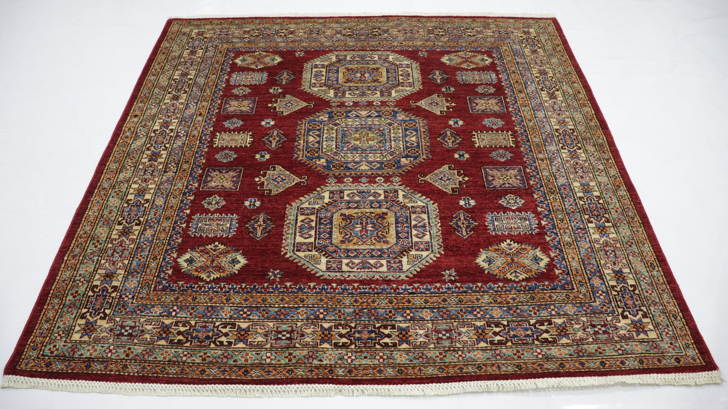 6x6 Ft Red Square Oriental Hand Knotted Afghan Area Rug