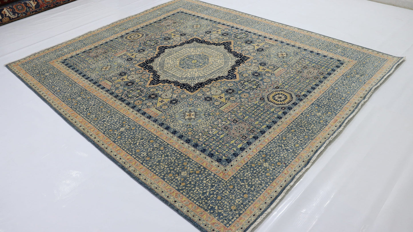 8x10 Ft Blue Turkish Mamluk Hand Knotted Traditional Area Rug