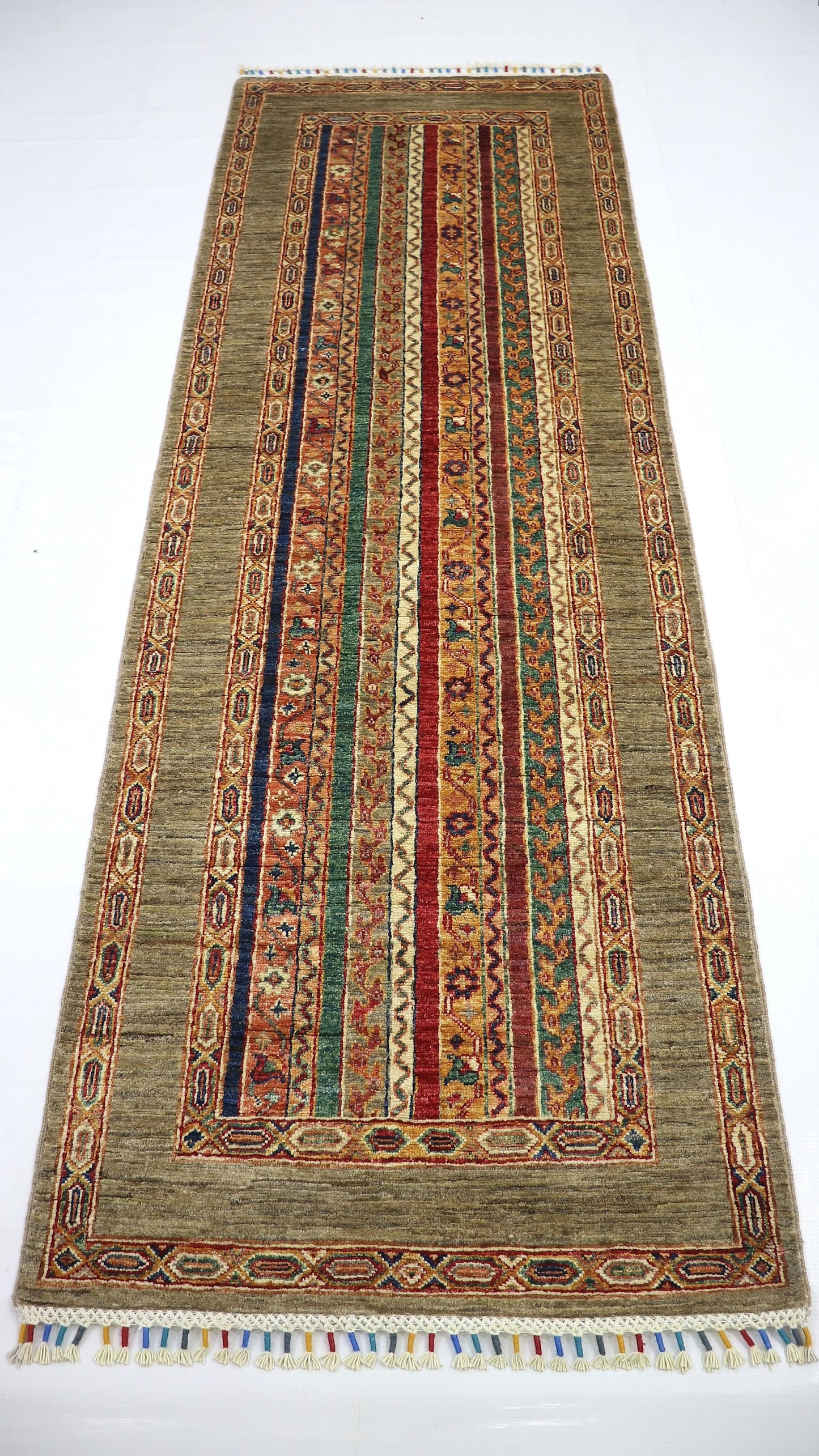 8 Ft Ivory Turkish Shawl Hand Knotted Traditional Runner Rug