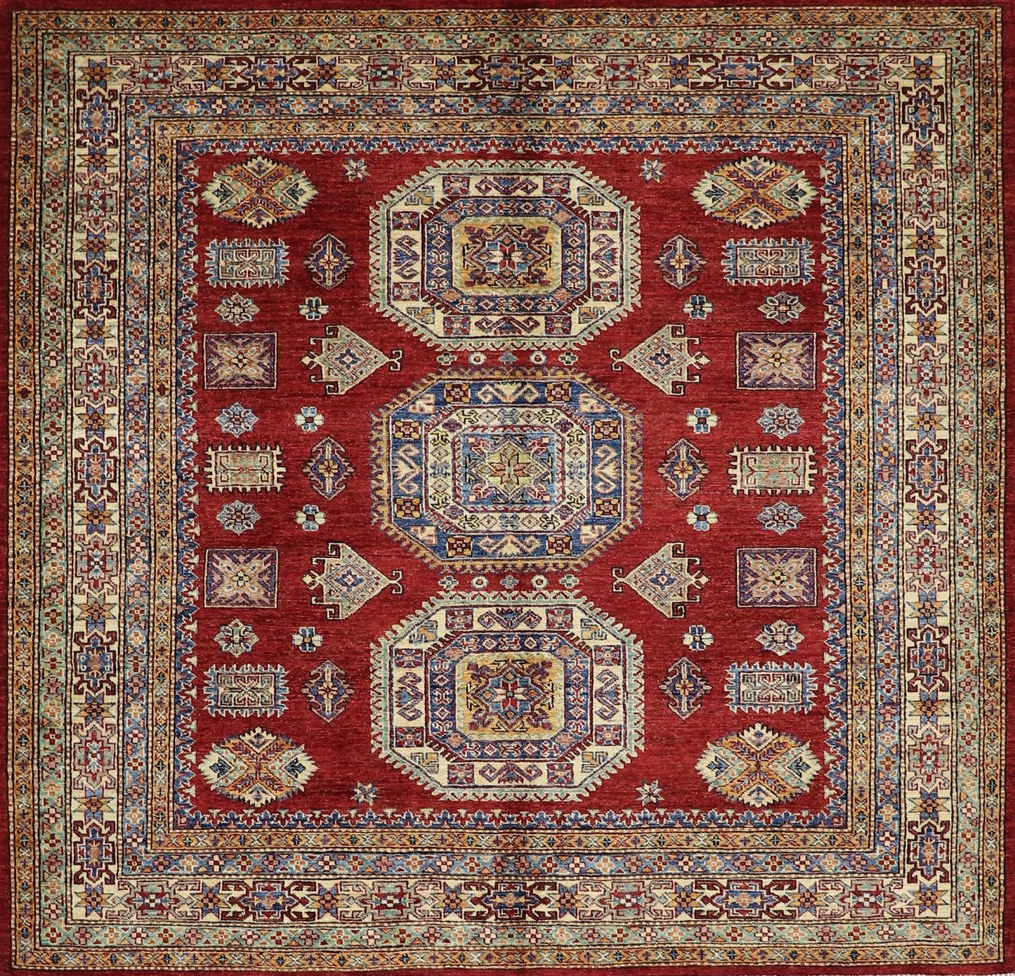 6x6 Ft Red Square Oriental Hand Knotted Afghan Area Rug