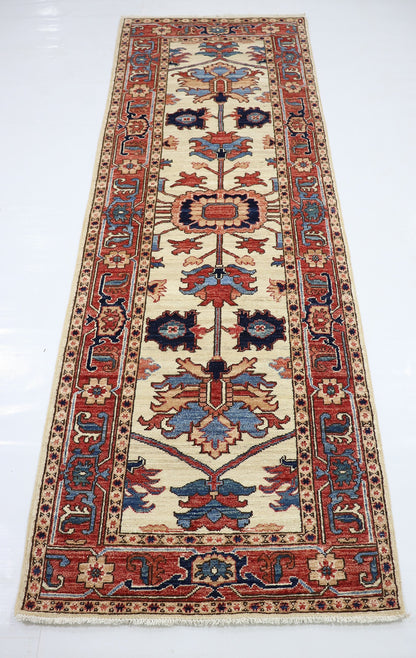 8 Ft Serapi Beige/Red Afghan Hand Knotted Tribal Wool Runner Rug