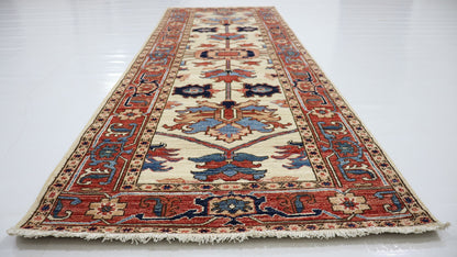 8 Ft Serapi Beige/Red Afghan Hand Knotted Tribal Wool Runner Rug