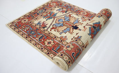 8 Ft Serapi Beige/Red Afghan Hand Knotted Tribal Wool Runner Rug