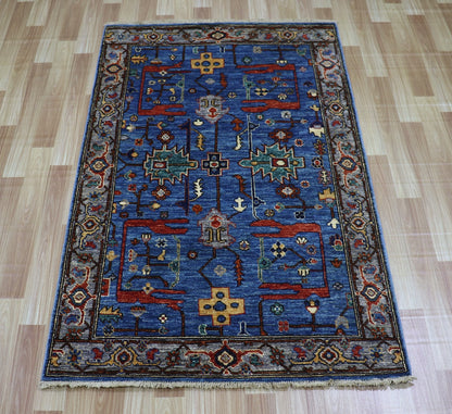 3x5 ft Tribal Small Area Rug, Blue Afghan Hand Knotted Wool Traditional Carpet, Rugs For Living Room, Bedroom Rug, Entryway Rug, Kitchen Rug