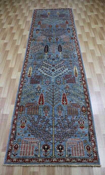 12 ft Tree Tribal Long Runner Rug, Blue Afghan Hand Knotted Wool Traditional Carpet, Rugs For Hallway, Entryway Rug, Foyer Rug, Kitchen Rug